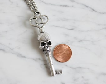 Double Faced Skull Key Necklace - Silver Plated Pewter