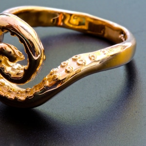 May include: A gold ring with a unique, swirling design. The ring is made of a smooth, polished metal and has a textured surface.