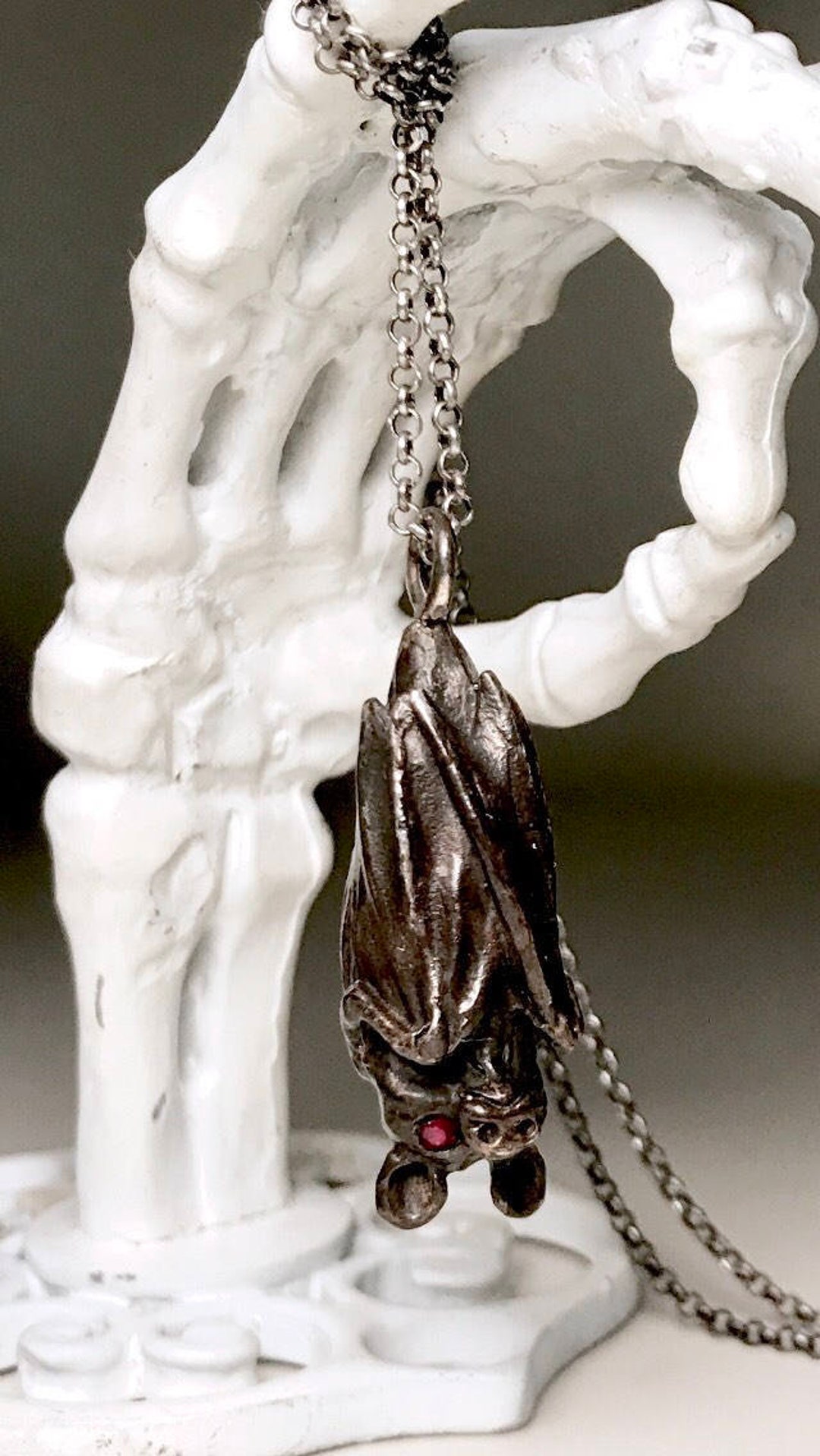 Hanging Black Bat Necklace, Ruby Eyed, in Sterling Silver