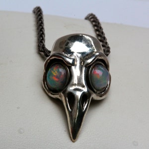 Silver Bird Skull Necklace Opal Eye pendant Blue Bayer Design NYC image 2