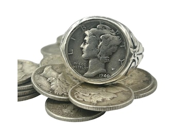 Mercury dime ring  Sterling Silver US coin ring  made in NYC  Blue Bayer Design