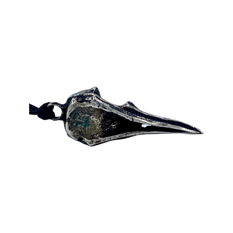 May include: A silver pendant shaped like a bird's beak, with a detailed, textured surface. The pendant is attached to a black cord.