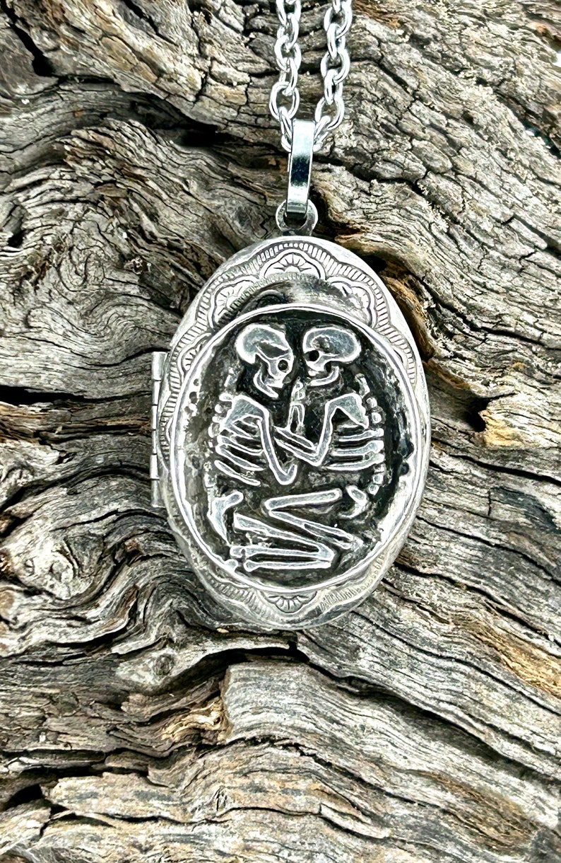 Skeleton Lovers Locket Necklace original design carving made in NYC image 3