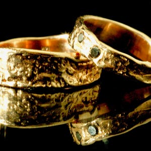 Gold Wedding Ring Set: Tree Bark Rings with Black Diamond