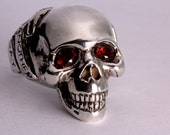 Red Garnet eye Silver Skull Ring / Another Day Above Dirt / Memento Mori (Solid Sterling Silver)
