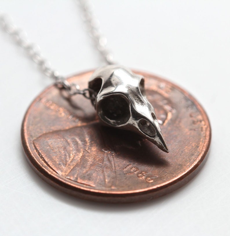 Kleine Vogelschädel-Halskette, silberner Vogelschädel, hergestellt in NYC Bild 2