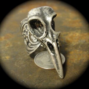 Puede incluir: Un anillo plateado con un dise&ntilde;o de calavera de p&aacute;jaro. El anillo tiene intrincados detalles florales en la banda y un pico largo y puntiagudo. El anillo se muestra junto a una moneda para comparar el tama&ntilde;o.