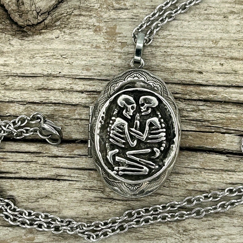 Skeleton Lovers Locket Necklace original design carving made in NYC image 2