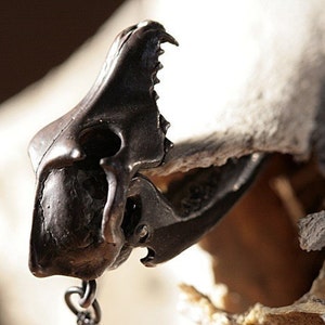 Wolf Skull Necklace in Blackened Sterling Silver with Articulated Jaw great detail made in NYC Blue Bayer Design