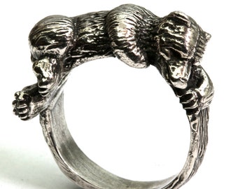 Hand Carved Sleepy Bear Ring: Wood Grain Band, Silver Animal Jewelry