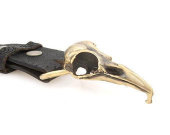 Crow skull belt buckle life sized in solid bronze made in NYC