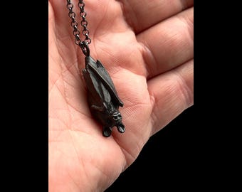 Hanging  Bat Necklace in solid white bronze , made in NYC, Blue Bayer Design