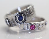 Steampunk wedding ring set sterling silver diamond blue sapphire and pink tourmaline settings made in NYC