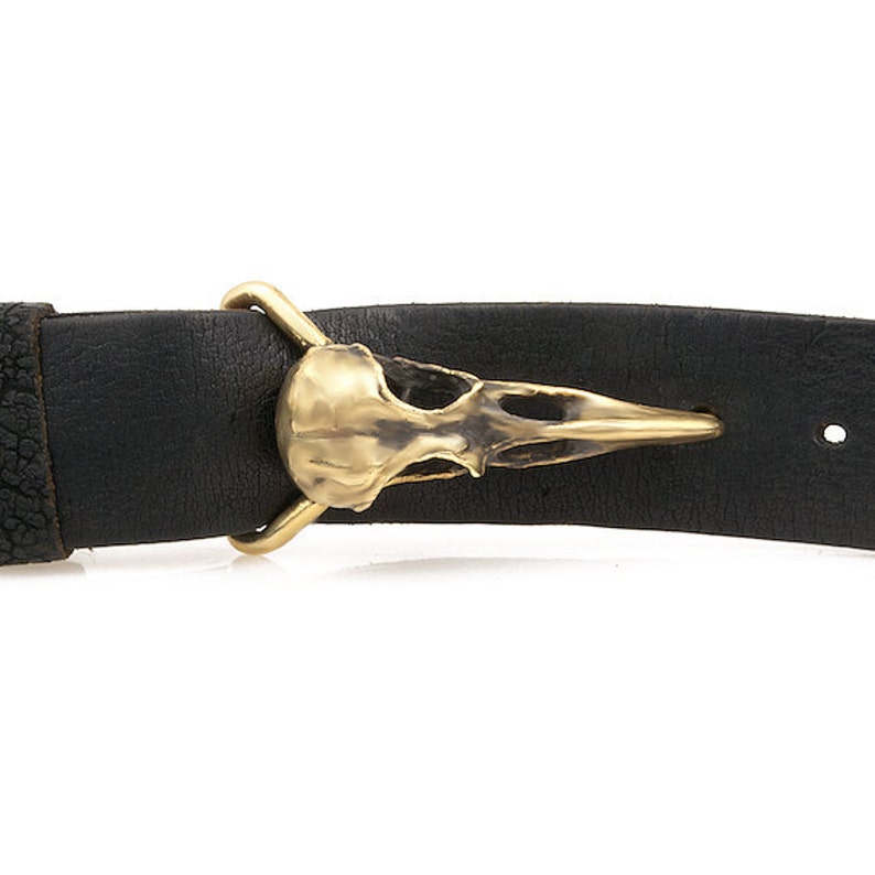 May include: A black leather belt with a brass buckle shaped like a bird skull.