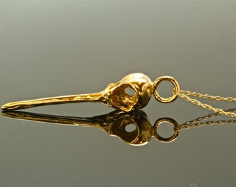 Solid Gold Hummingbird Skull Necklace, on 18 inch  gold fillled  chain, made in NYC USA, Blue Bayer Design