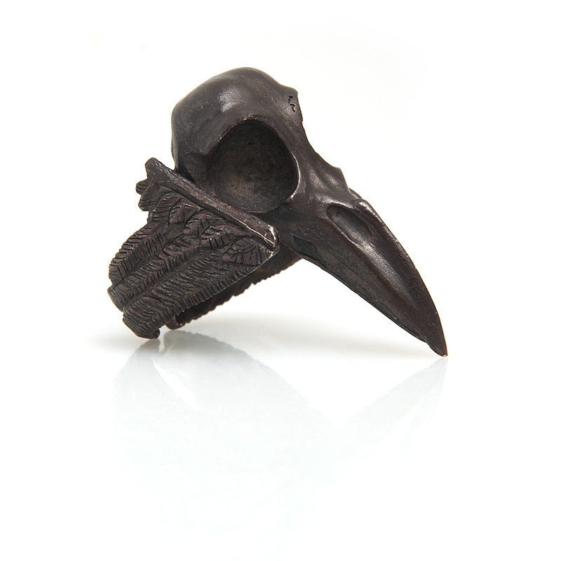 Raven Skull with wings ring Bird Skull Jewelry in blackened | Etsy