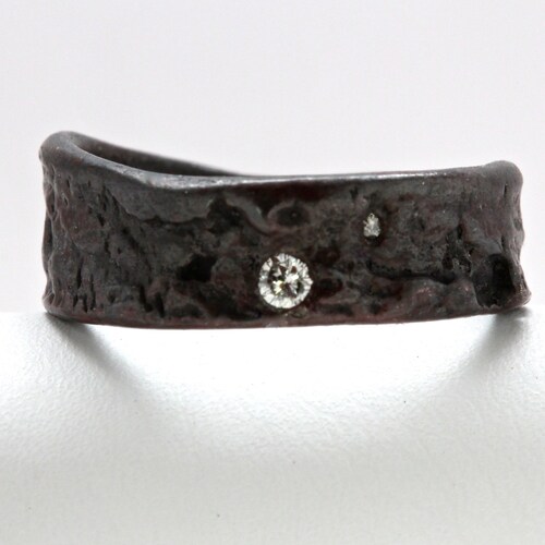 Blackened Silver Diamond Angle Cut Tree Bark Ring sizes 4 to 12 with personalized engraving made to order