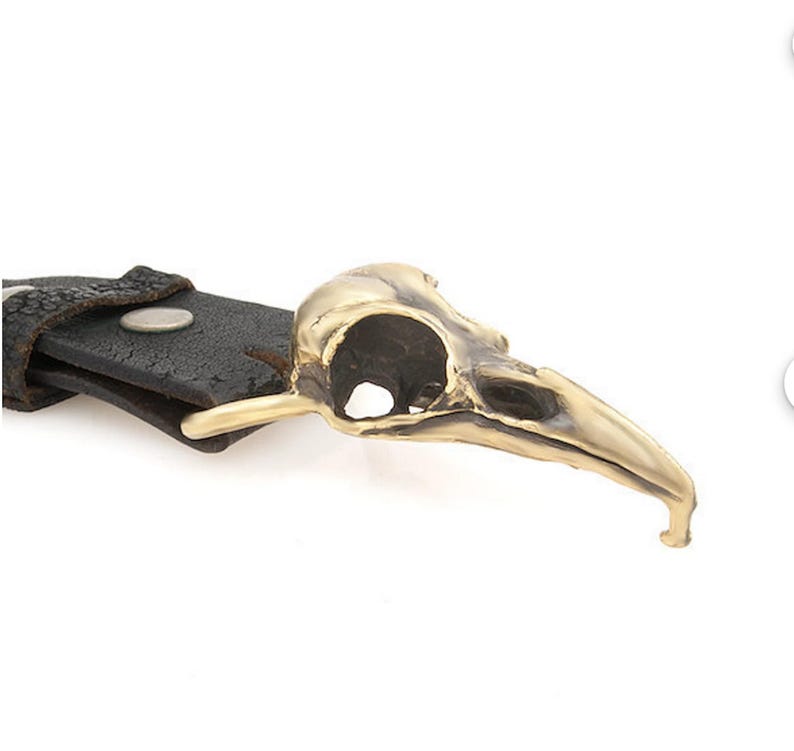 May include: A black leather belt with a brass buckle shaped like a bird skull.