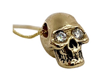 Solid Gold Skull, Diamond eyed human skull necklace, made in NYC Blue Bayer Design