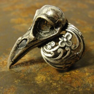 Puede incluir: Anillo plateado con un dise&ntilde;o detallado de calavera de cuervo. El anillo incluye una banda adornada con motivos florales. El pico y las cuencas de los ojos de la calavera est&aacute;n claramente definidos, mostrando una est&eacute;tica g&oacute;tica o alternativa.