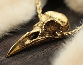 Crow Skull Necklace  Gold plated life sized (24" retro rope chain) Made in NYC