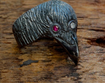 Diamond and Ruby Three eyed raven ring in blackened sterling silver