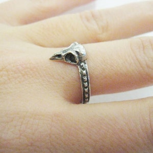 Könnte beinhalten: Ein silberner Ring mit einem Vogelschädel-Design. Der Schädel hat Augenhöhlen und einen Schnabel. Das Band des Rings ist mit kleinen, erhabenen rechteckigen Formen verziert. Der Ring wird an einem Finger getragen.