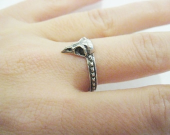 Tiny Sterling Silver Bird Skull Ring Miniature Carved Jewelry Made in NYC