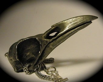 Crow skull necklace, flat black, bird skull jewelry,  life sized crow skull, black metal necklace, Made in NYC