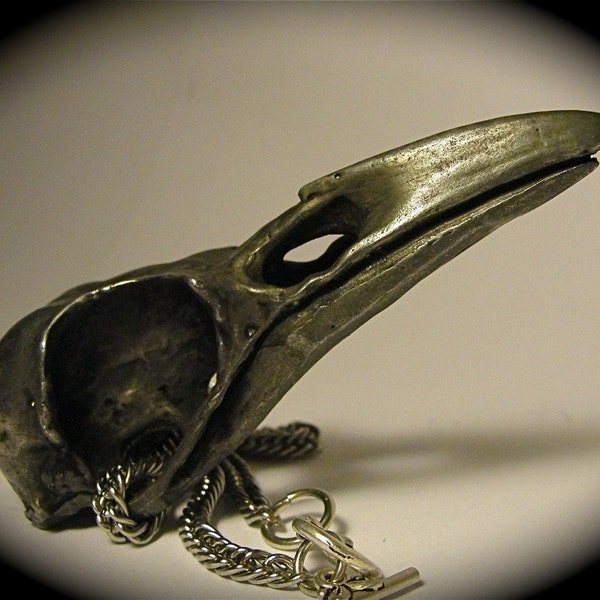 Crow skull necklace, flat black, bird skull jewelry,  life sized crow skull, black metal necklace, Made in NYC