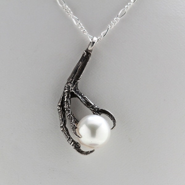 White Pearl Necklace  Bird Claw Necklace in Sterling Silver Made in NYC, Blue Bayer Design