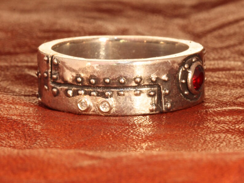 Thick Industrial Ring Sterling Silver White Diamonds Red - Etsy