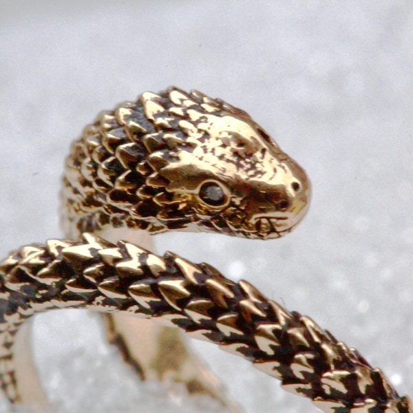 Dragon Snake Ring 14k gold diamond eyes adjustable size made in NYC