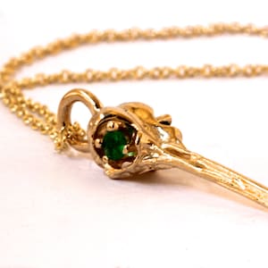 Solid Gold Hummingbird Skull Necklace  Emerald eyed Bird skull jewelry