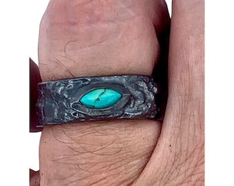 Turquoise Evil Eye Tree Bark Ring Black Silver Made in NYC