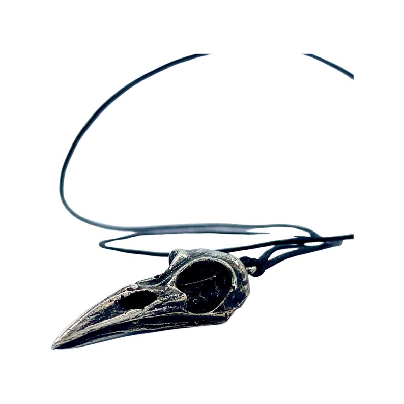 May include: A silver crow skull pendant on a black leather cord necklace.