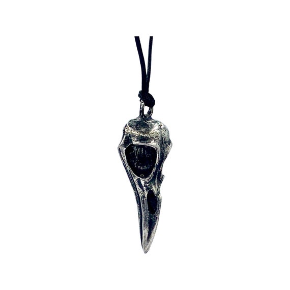 Antique Silver Raven Skull Necklace: Hand Carved Bird Jewelry