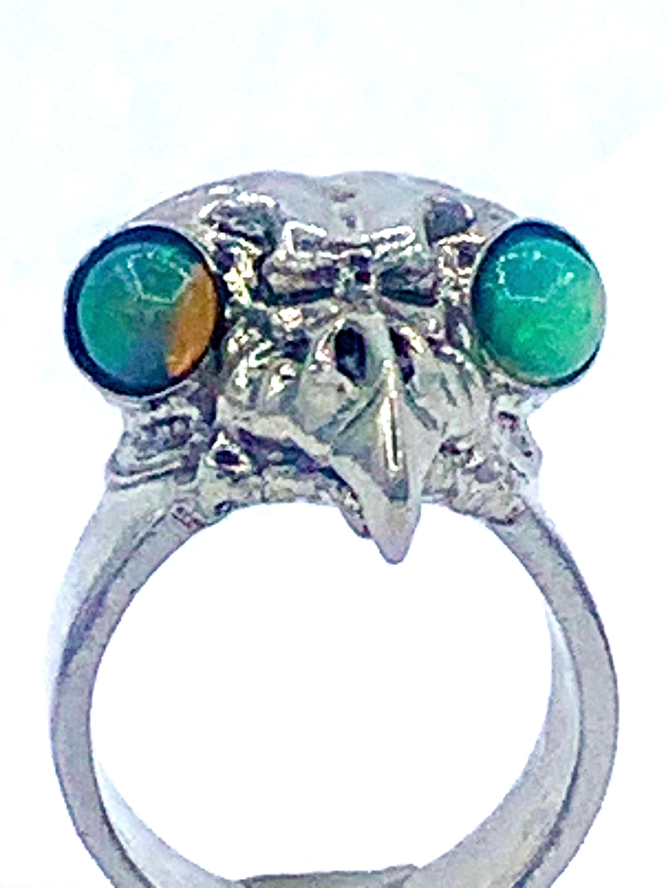 Silver Owl skull ring natural opal eyes made in NYC
