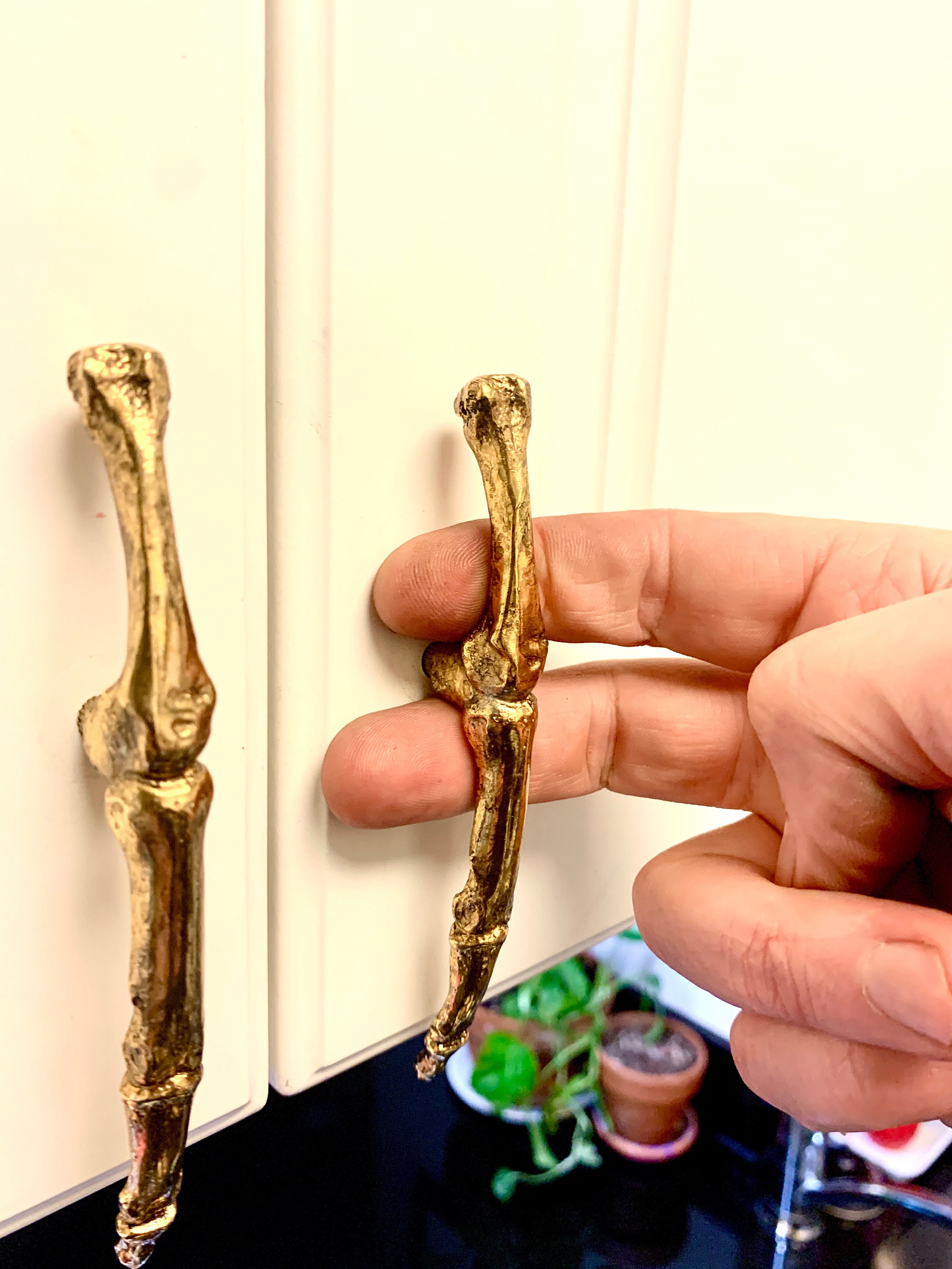 Skeleton Middle Finger Drawer Pull Cabinet Knob Antique Gold Plated Made in NYC