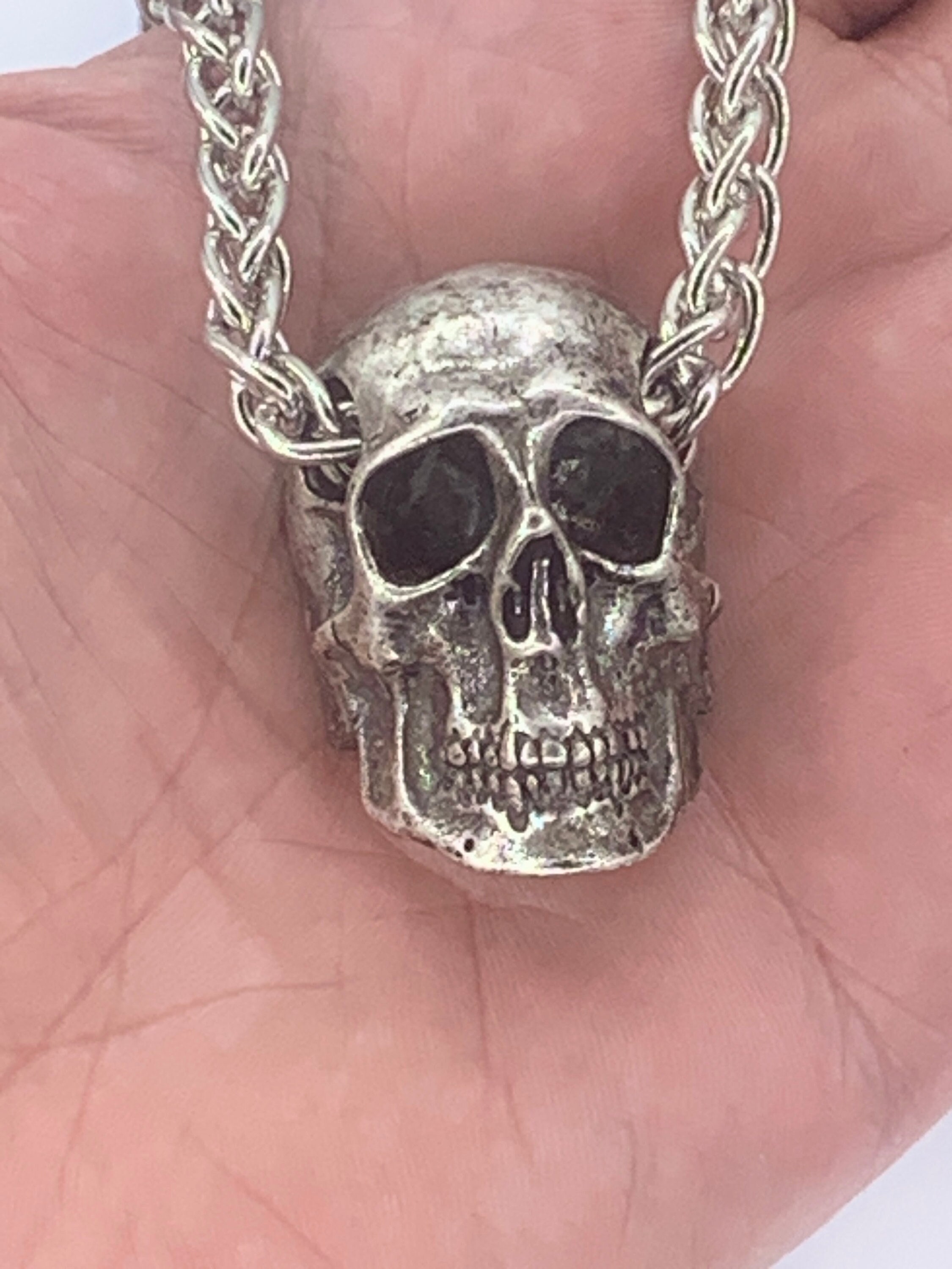 Large Silver Chrome Skull and Bones Steam Punk Belt Buckle Cross Necklace