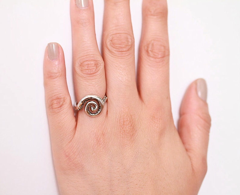 May include: A silver ring with a spiral design. The ring is on a person's finger.