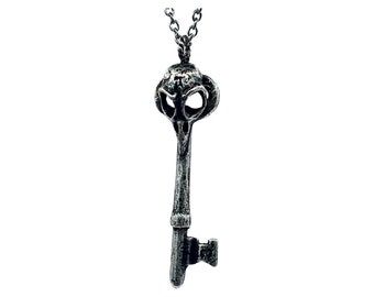 Wren 3 Bird skull skeleton key necklace solid pewter silver plated made in NYC