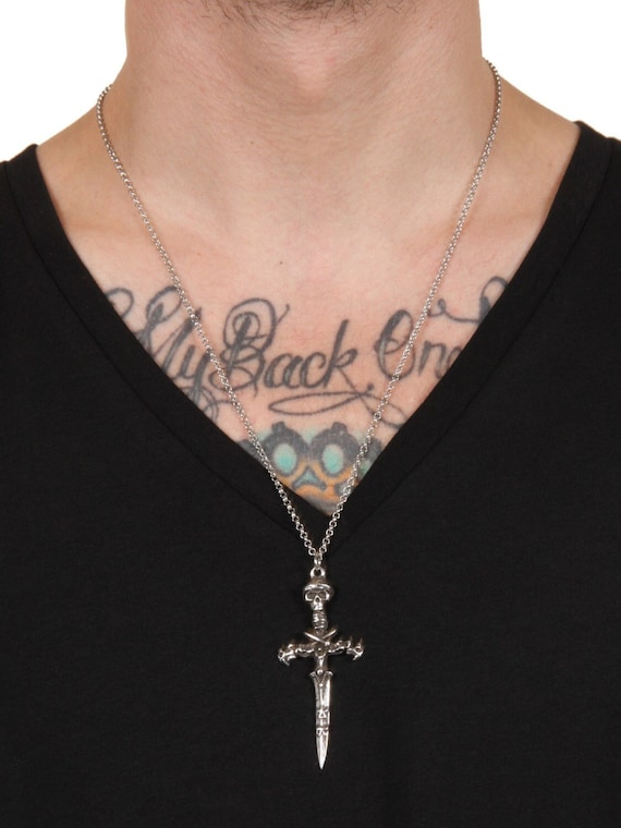 Skull & Bones Dragon Sword Necklace: Antique Silver Pirate Jewelry