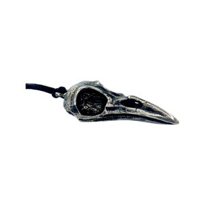 May include: A pewter pendant shaped like a crow skull. The pendant is detailed and realistic, with a textured surface and a hollow eye socket.