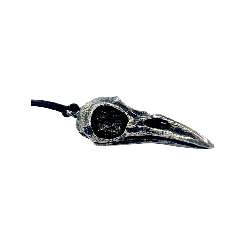 May include: A pewter pendant shaped like a crow skull. The pendant is detailed and realistic, with a textured surface and a hollow eye socket.