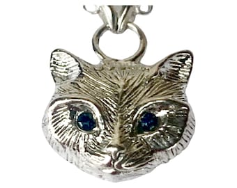 Sterling silver  kitty  cat sapphire eyes sterling silver pendant Made in NYC