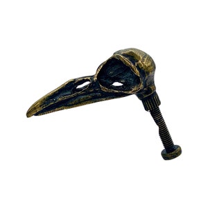 Może przedstawiać: Złoty metalowy gałka drzwiowa w kształcie czaszki ptaka z detalicznym wzorem. Gałka jest przymocowana do śruby.