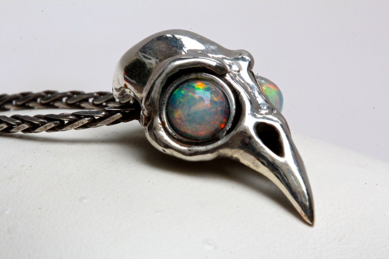 Silver Bird Skull Necklace Opal Eye pendant Blue Bayer Design NYC image 1