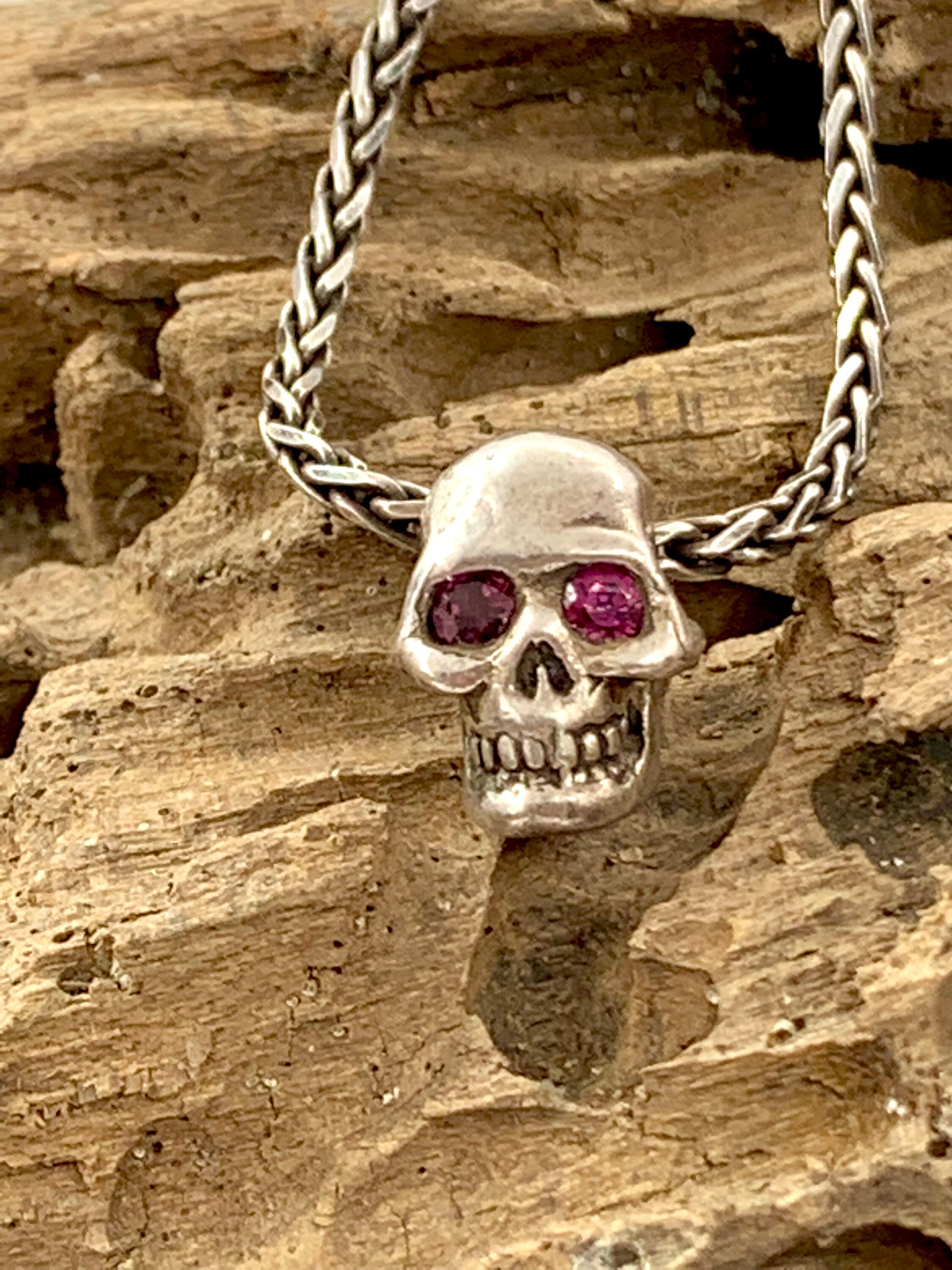 Ruby Eyed Human Skull Necklace Diamond 