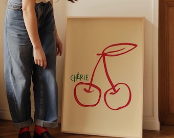 Impresión de cereza retro "Ma Cherie": Arte mural femenino y moderno (descarga digital)